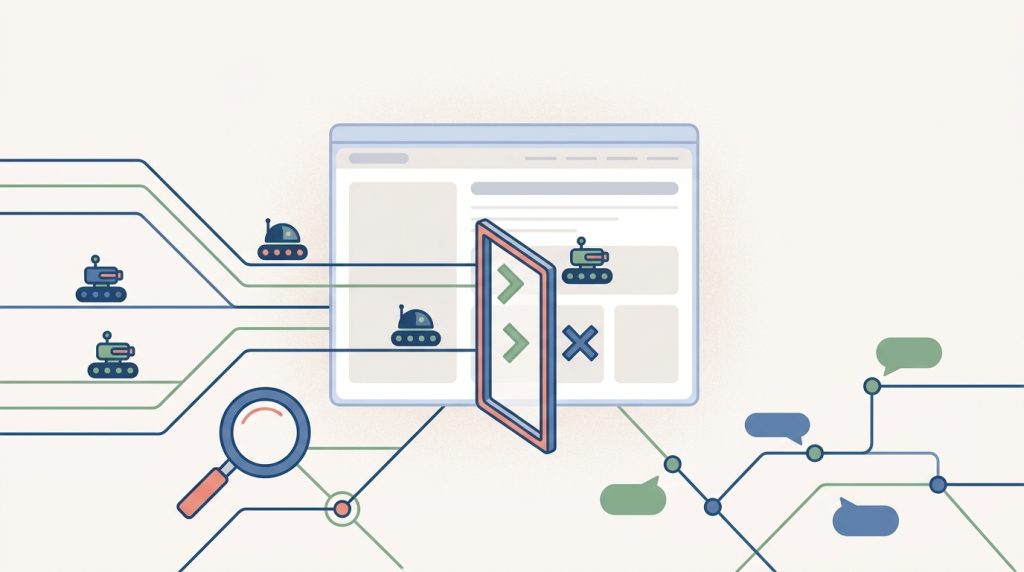 Illustration: Ein Filter sortiert verschiedene KI-Crawler vor einer Website, einige dürfen passieren, andere werden abgewiesen.
