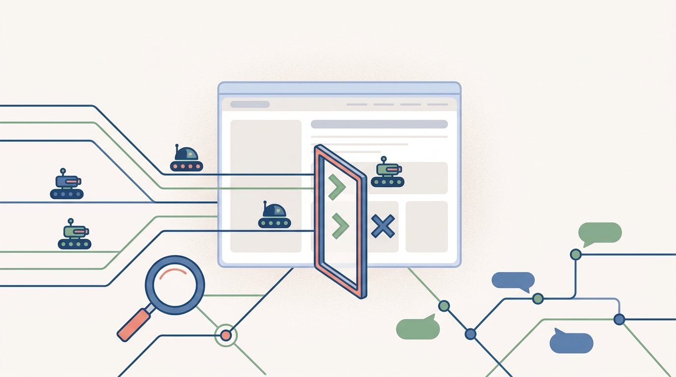 Illustration: Ein Filter sortiert verschiedene KI-Crawler vor einer Website, einige dürfen passieren, andere werden abgewiesen.